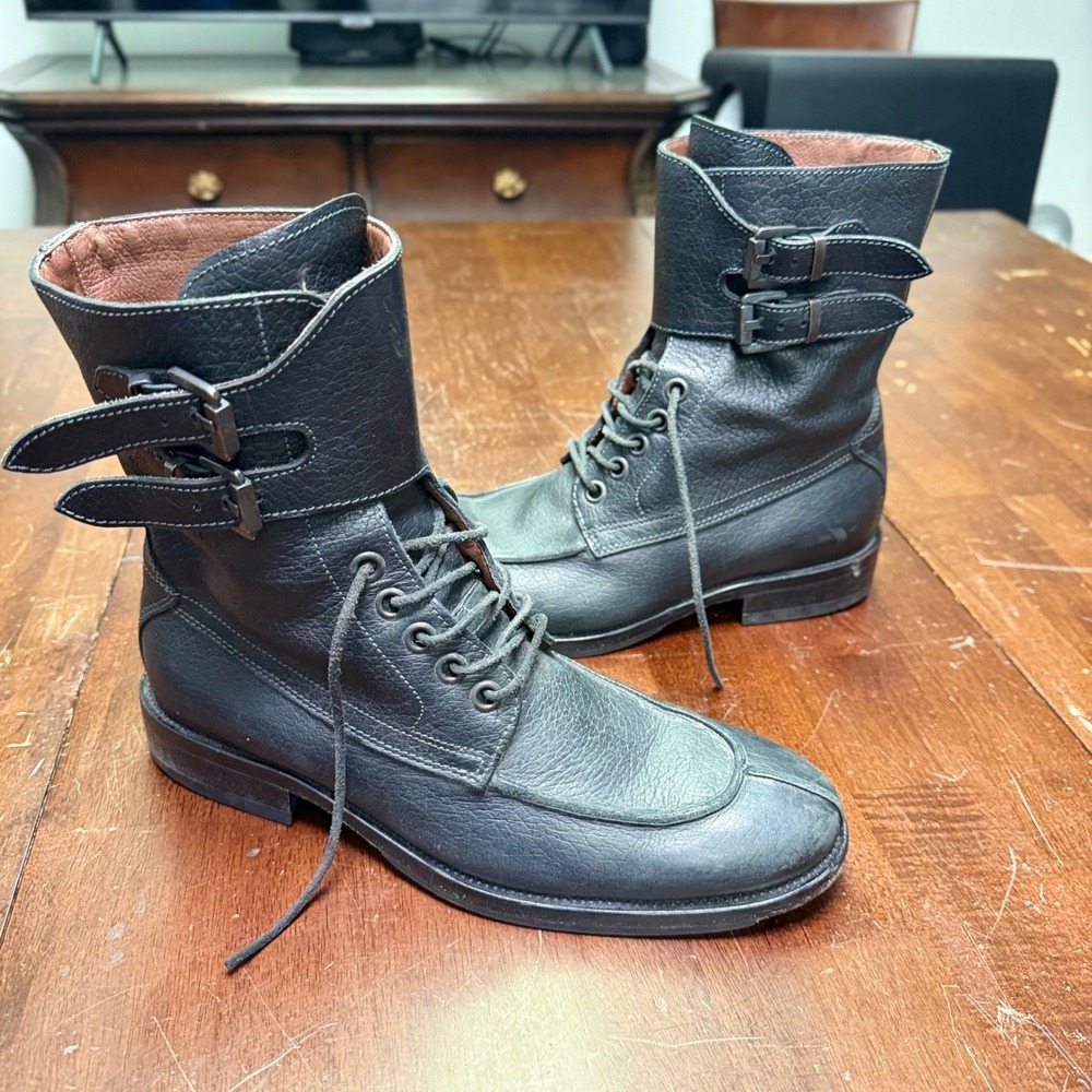 Hugo Boss Combat Boots Mens 41 Sz 8 Black Leather Double Buckle Monk Strap Laced